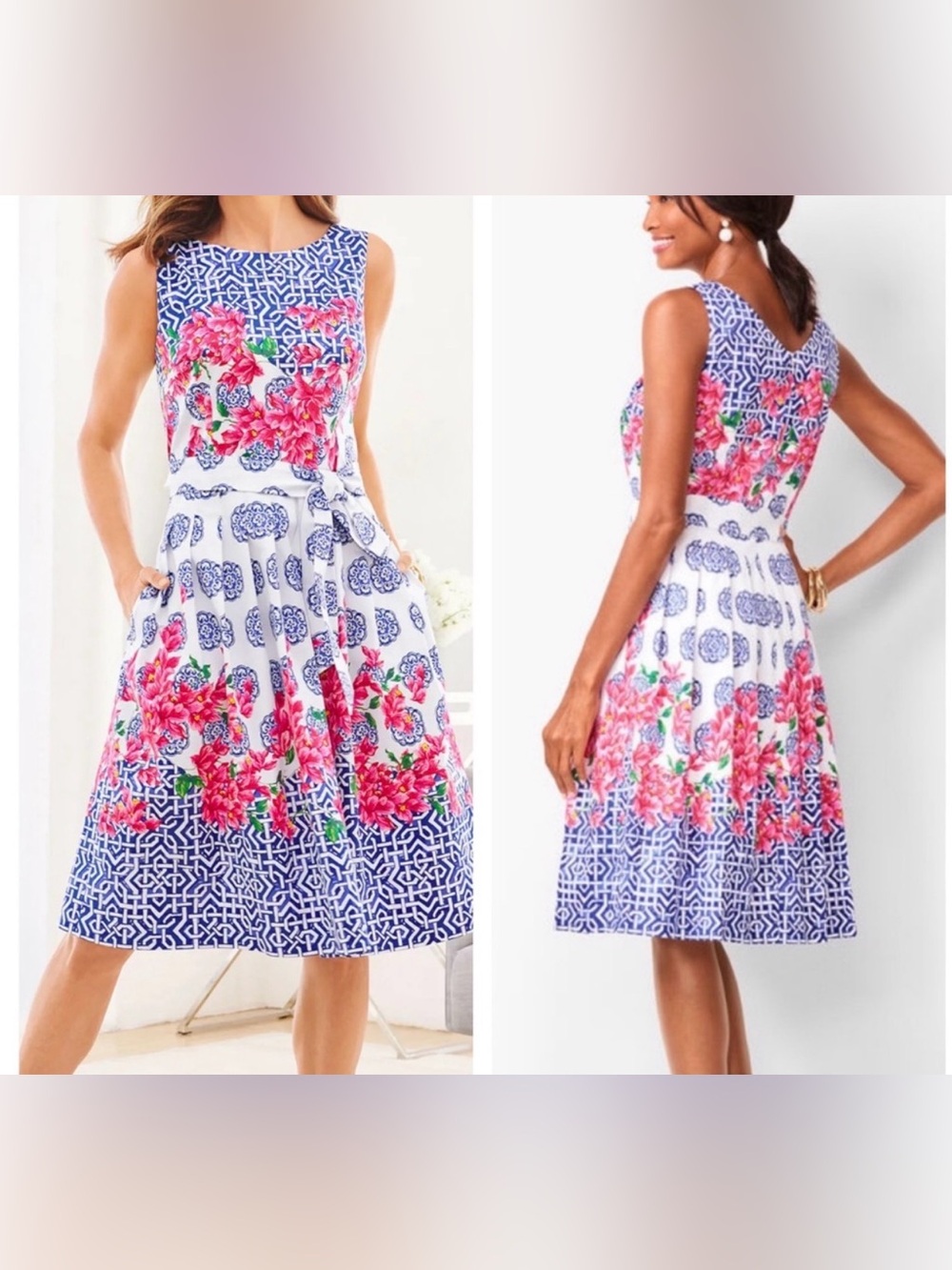 Talbots Blue White Pink Floral Midi Dress Sleeveless Belted Womens Size 6